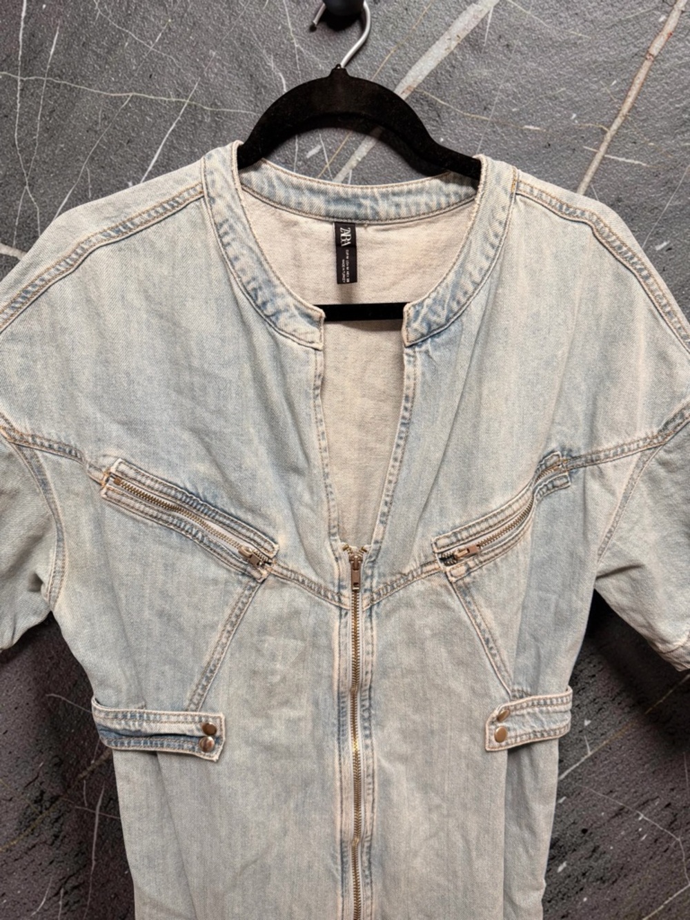 Zara Denim Utility Jumpsuit Light Wash Zip Front Boiler Suit Pockets Size Medium - Picture 3 of 6